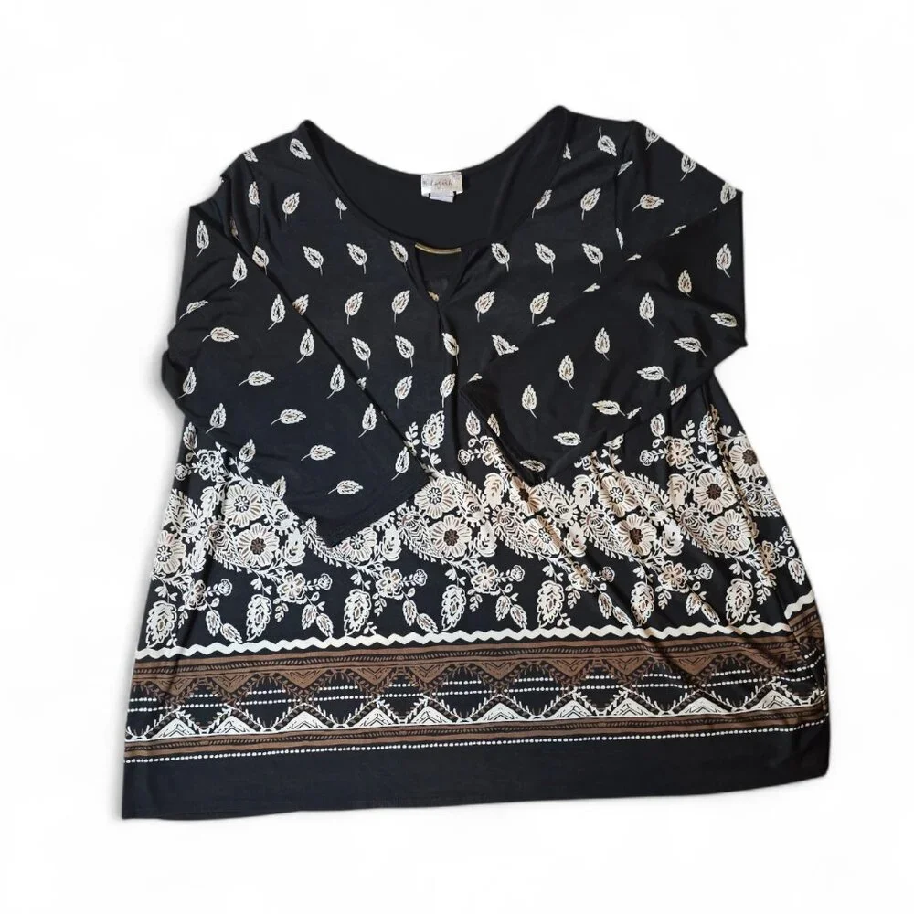 Lavish Black Bohemian Floral Tunic Top – Women's Size 1X - Picture 2 of 13